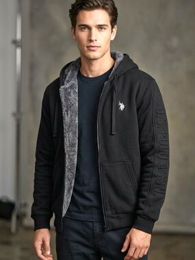 New with tag U.S. Polo Assn. Men's Black Sherpa-Lined Zip Hoodie jacket